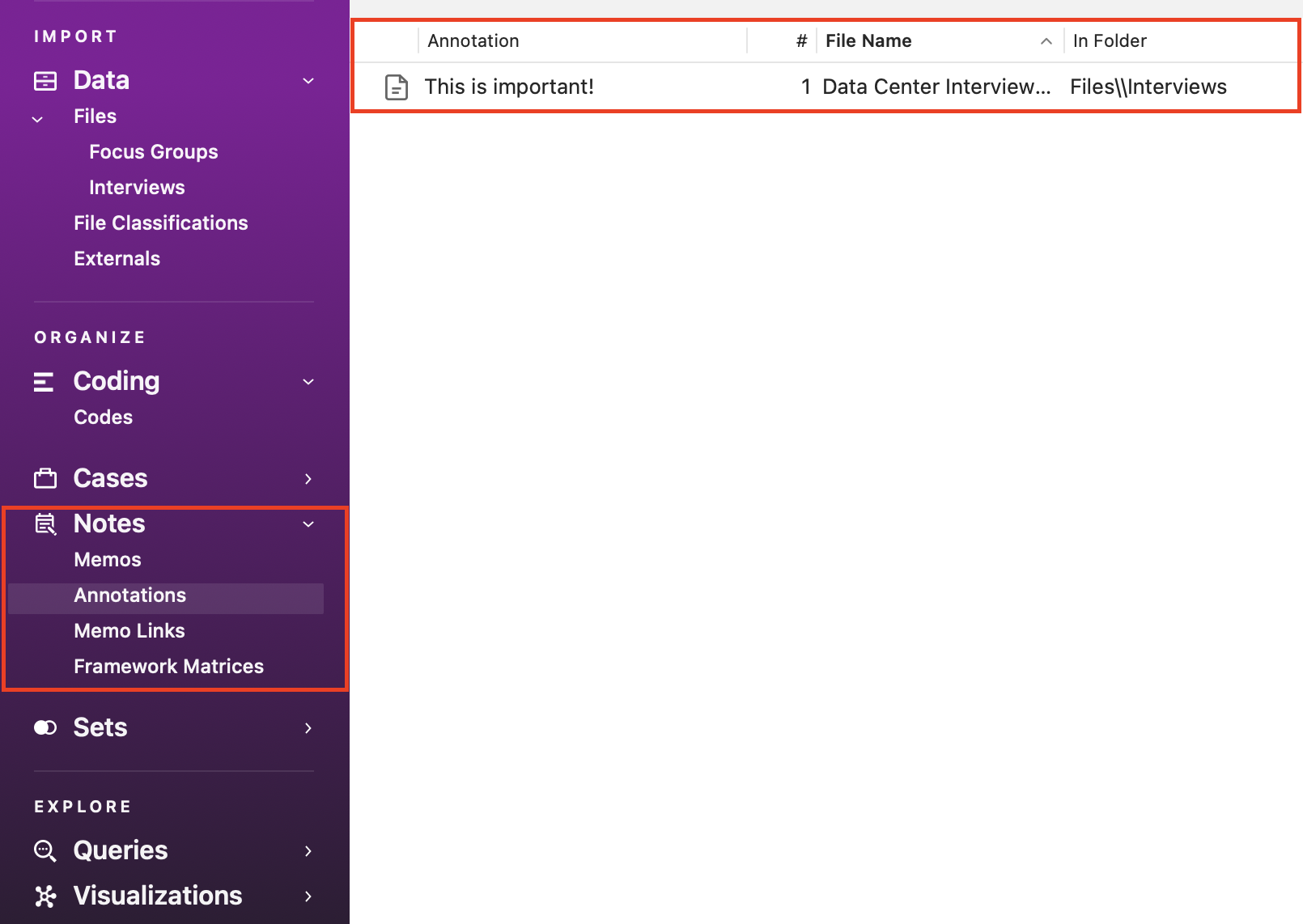 Left menu with Notes outlined in red, with Annotations selected. Annotation list open