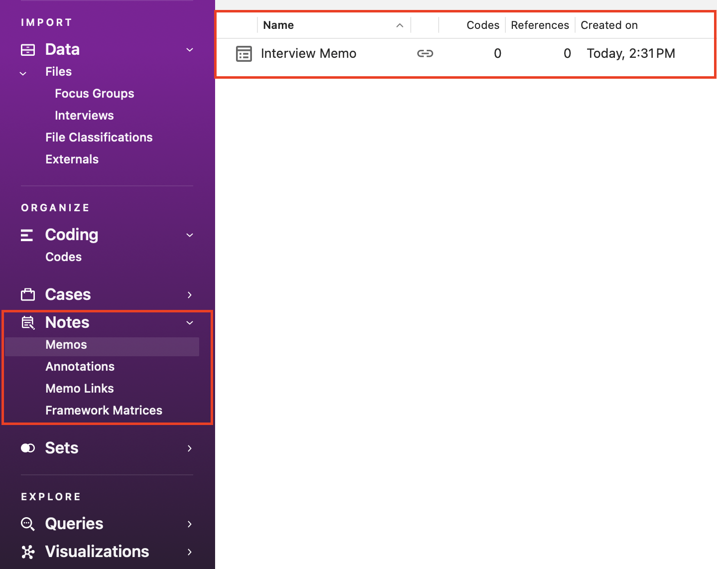Left menu with Notes outlined in red, with Memos selected. Memo list open