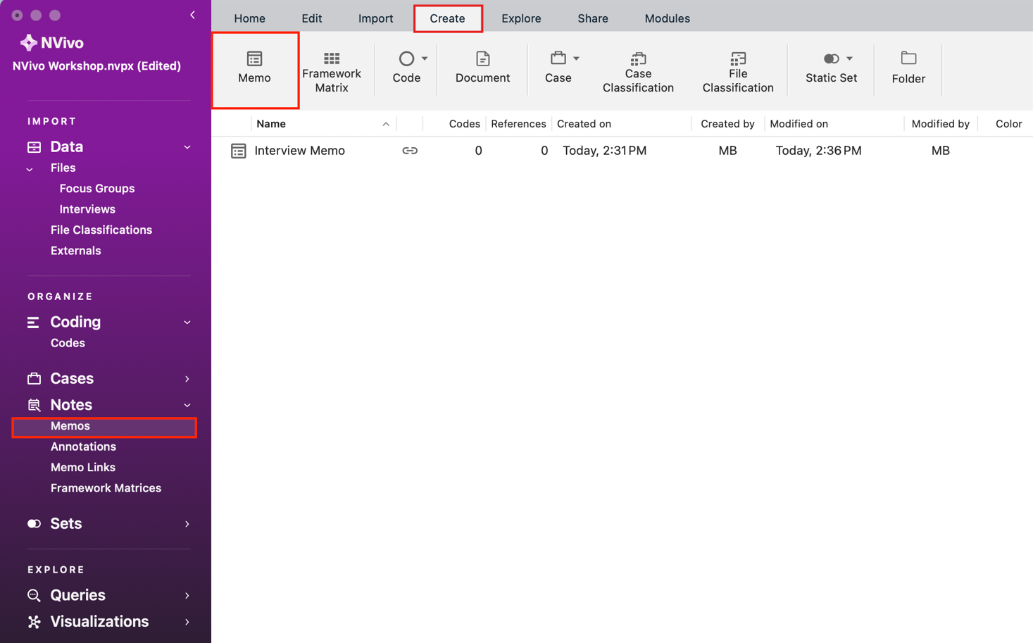 In the left menu Memos folder selected. In the Create menu Memo is highlighted.