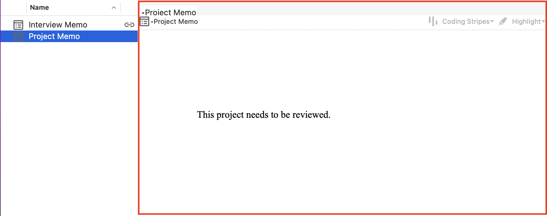 Red box around the Project Memo tab.