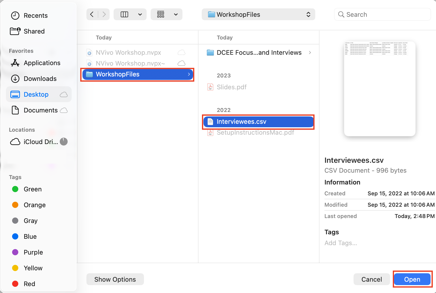 Finder with Workshop Files opened and Interviewees.csv selected. Open highlighted.