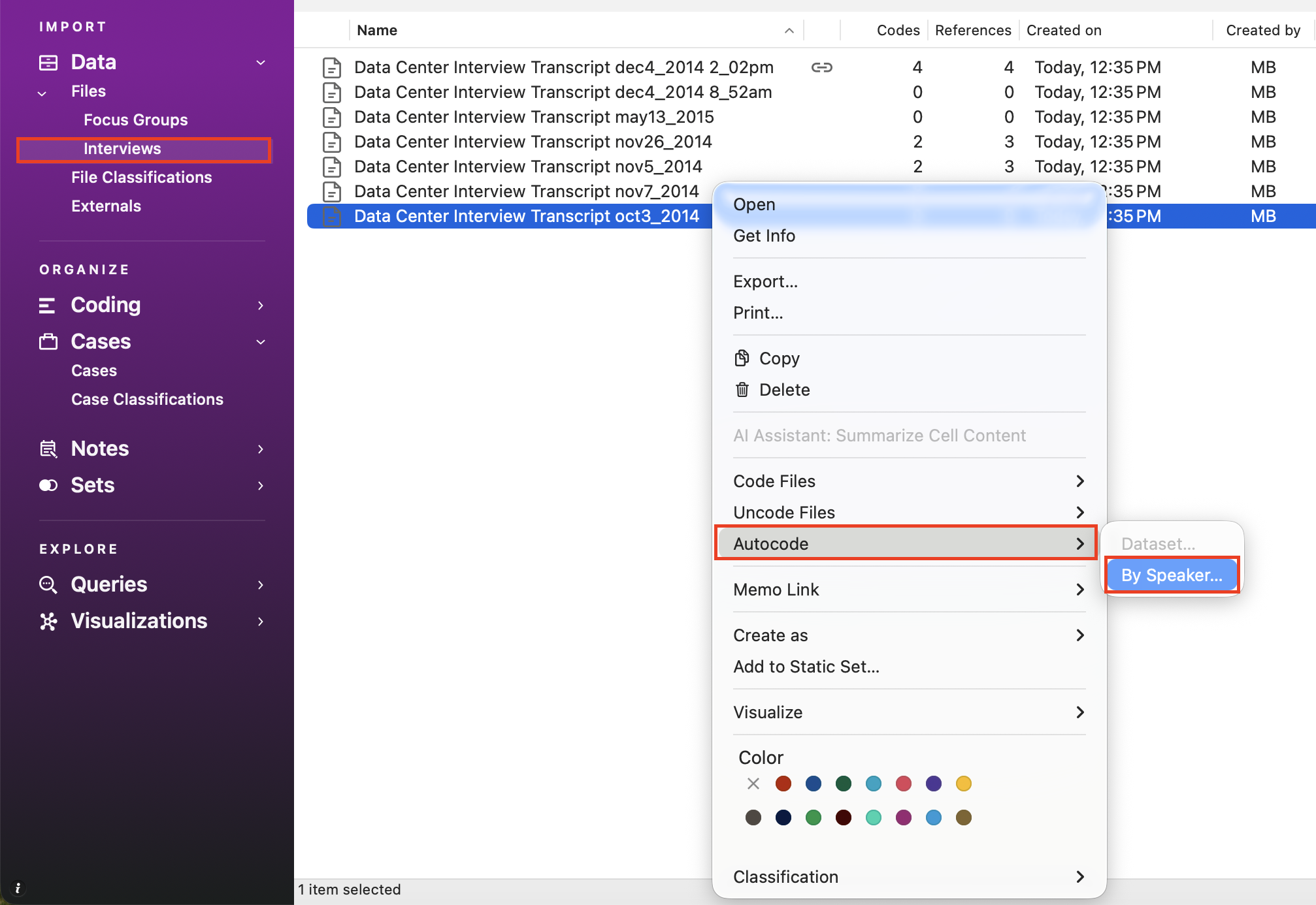 In the interviews folder, a context menu for the last transcript is open. Auto Code highlighted and its side pop-up menu open with by By Speaker... outlined in red.