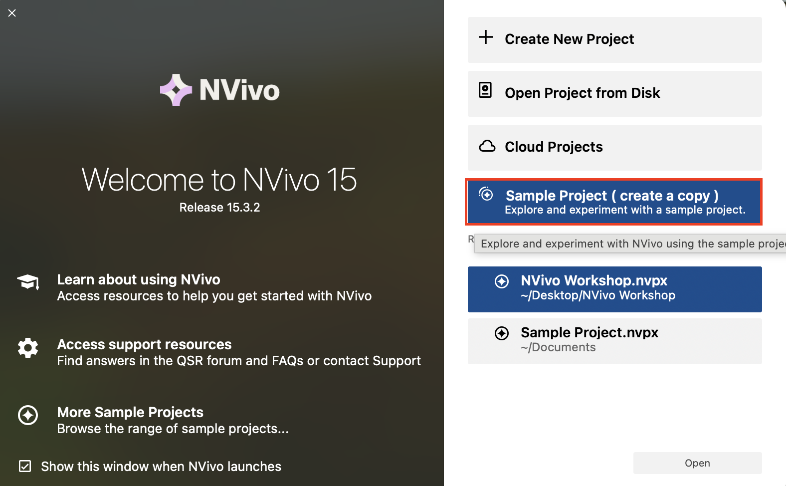 The NVivo 14 main screen with Create a copy of the sample project highlighted.
