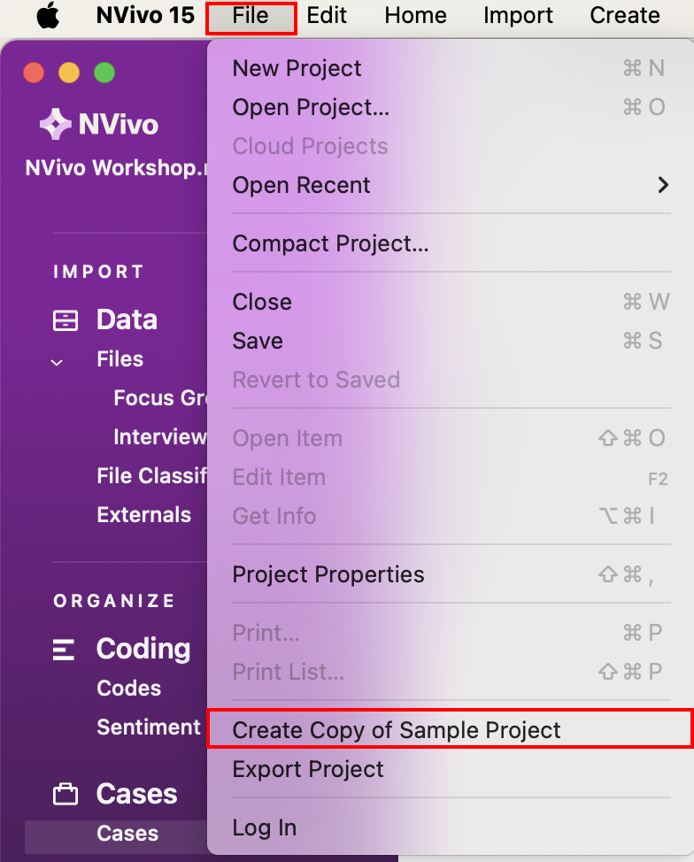 The NVivo 15 main screen with Create a copy of the sample project highlighted.