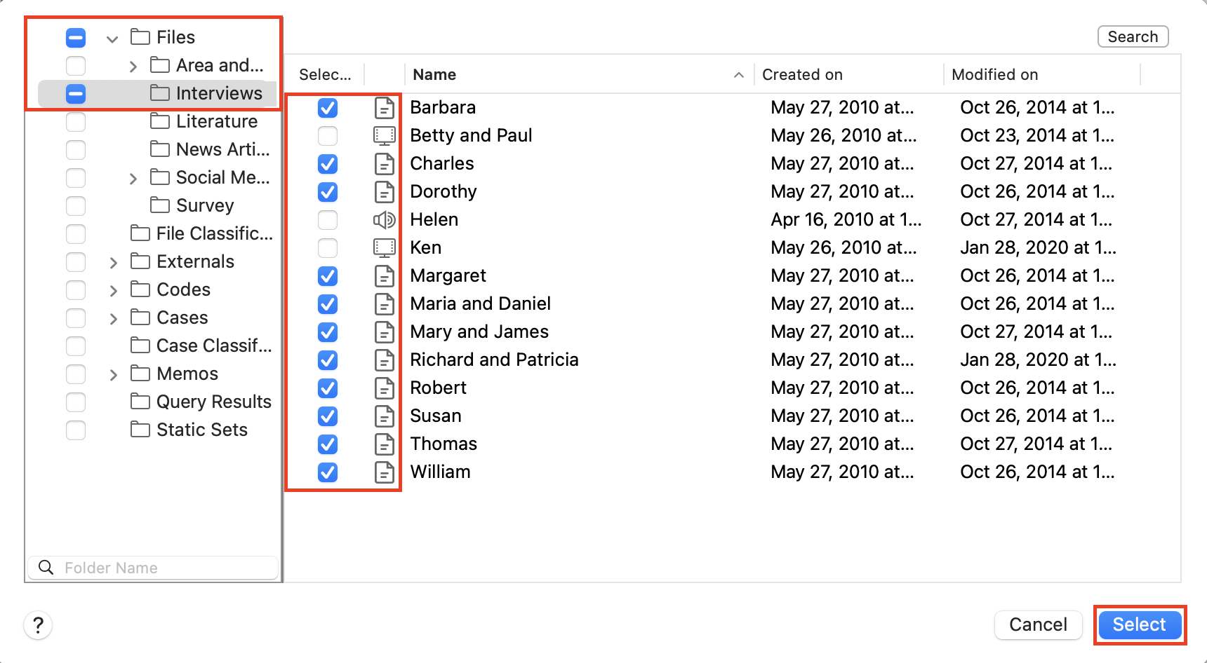 Expanded Files folder tree with the interviews folder opened and with only the documents selected. Red box around Select.