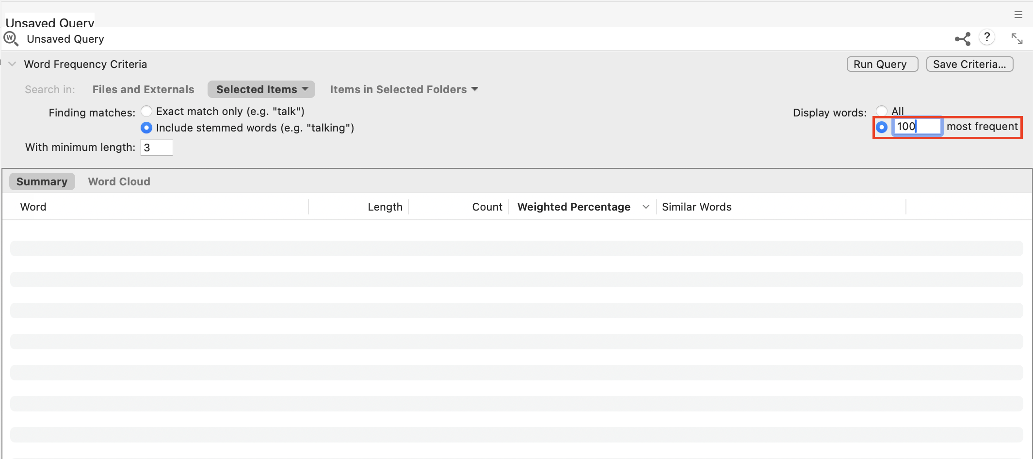 In the Unsaved Query window, under Display words, a red box around Most frequent, which is set to 100.