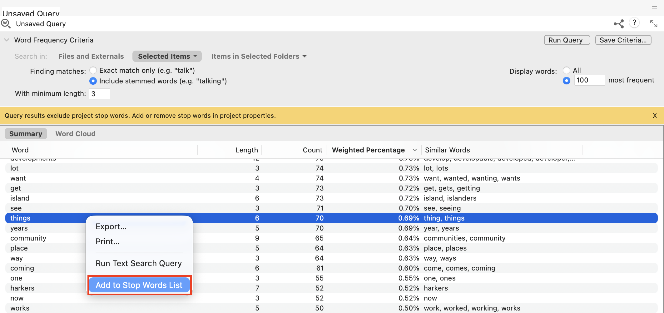 In the results summary, context menu for the word Things open, with the Add To Stop Words List option highlighted.