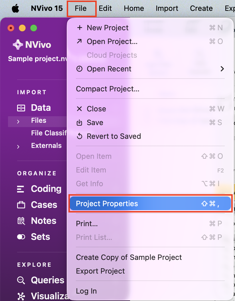 File menu with Project Properties highlighted. 