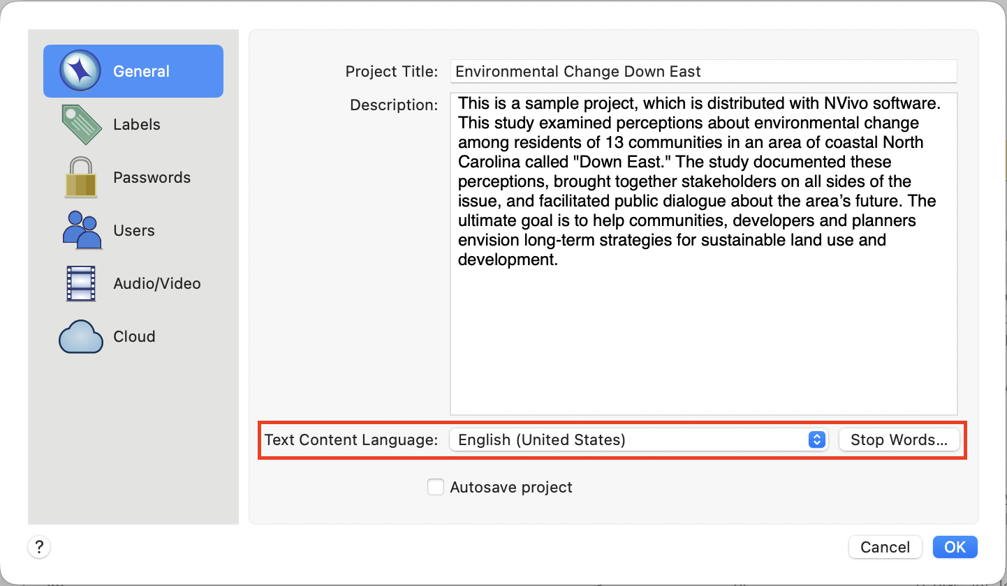 Project Properties window with the General tab open. Red box around the Text content language and Stop Words...