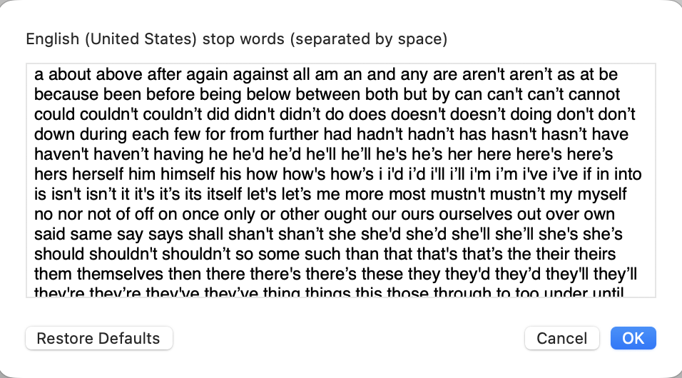 Stop Words window. Red box around Ok.