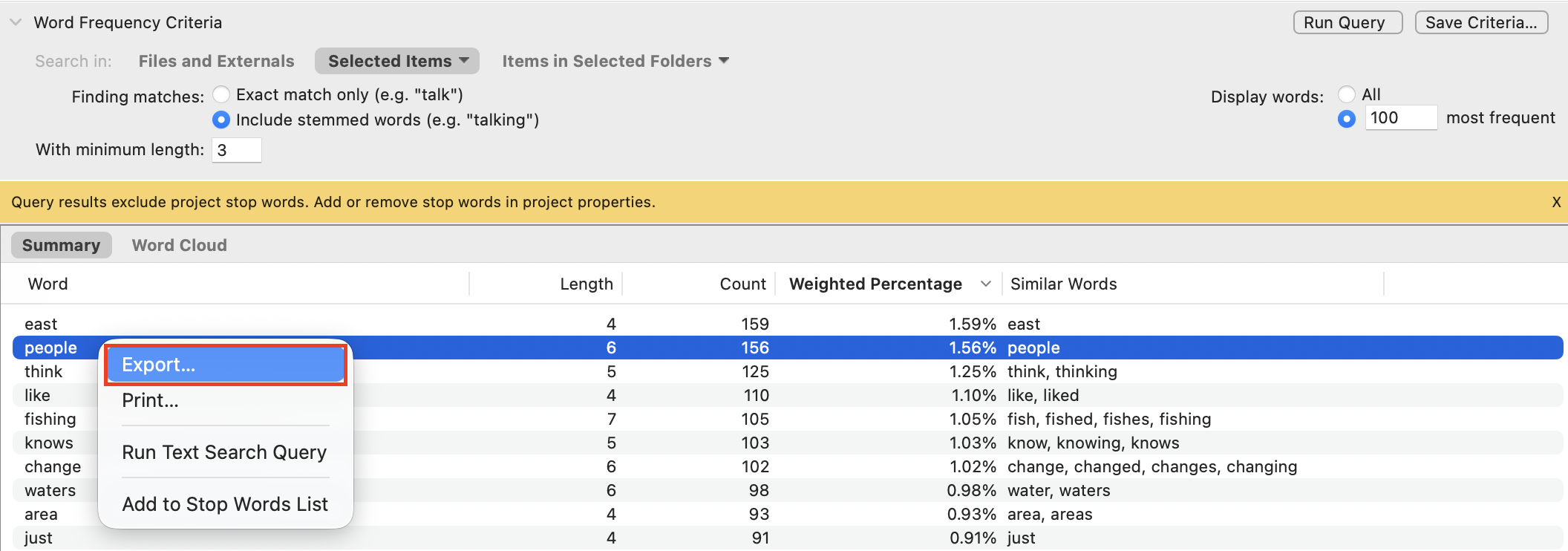 Context menu for the summary table with Export... outlined in red.