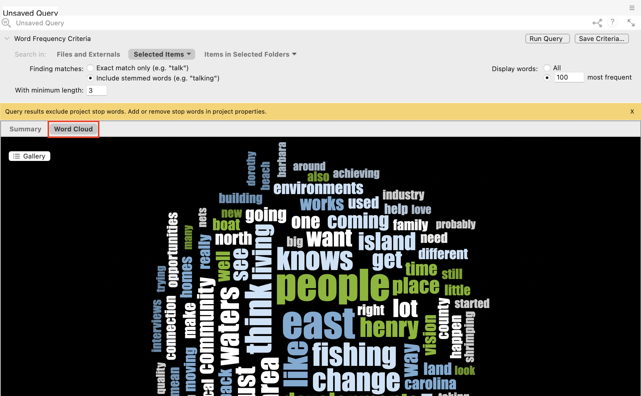 In the query results the Word Cloud tab is selected.