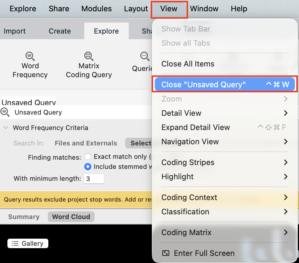 View menu with Close "Unsaved Query" highlighted. 