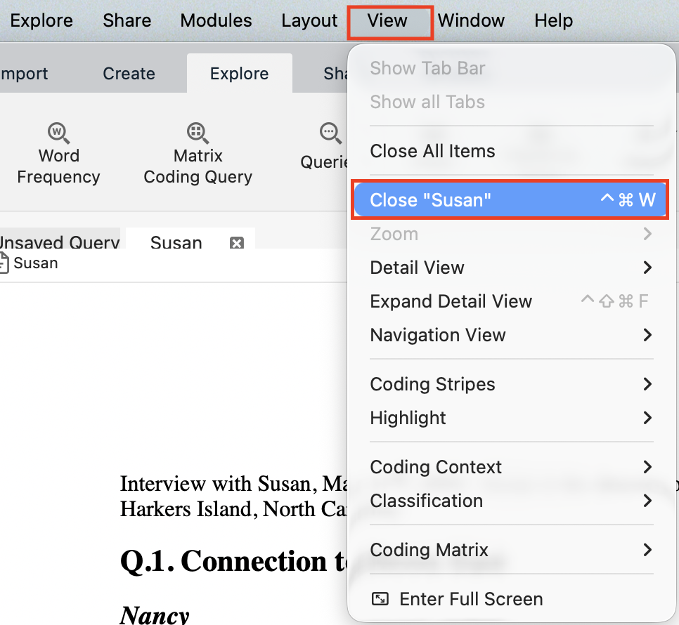 View menu with Close "Susan" highlighted. 