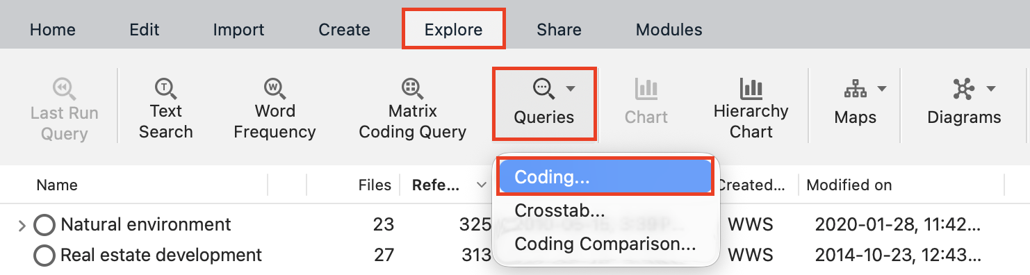 Explore menu, with Queries and Coding highlighted