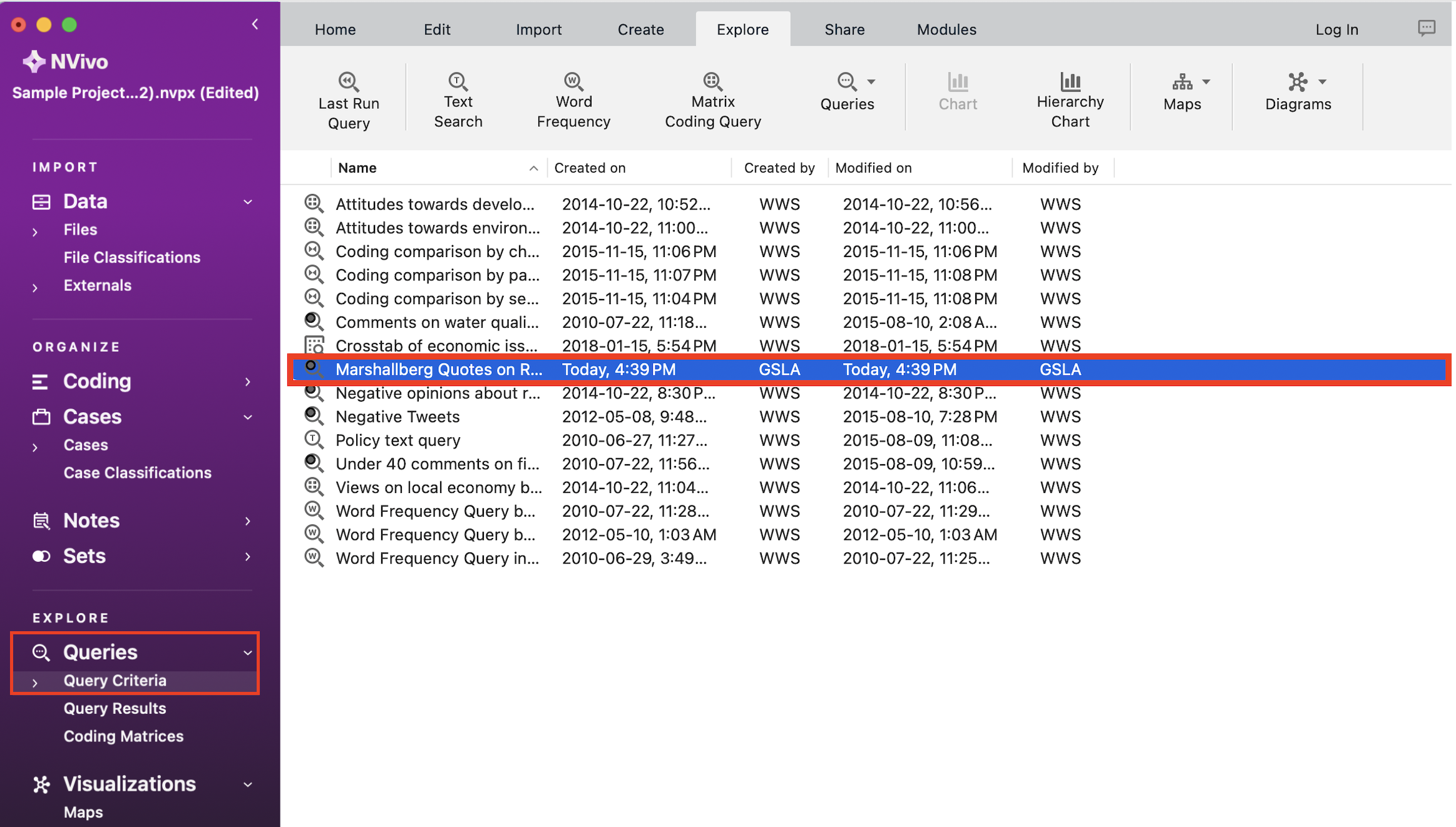 In the left menu, under Explore, a red box around Queries and Query Criteria. In the Queries list, a red box around Mashallberg Quotes on Real Estate.