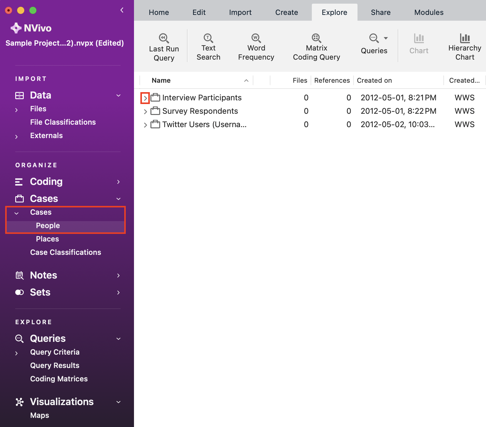 In the left menu, under Cases, a red box around the People folder. In the People folder, a red box around the expand button for Interview Participants.