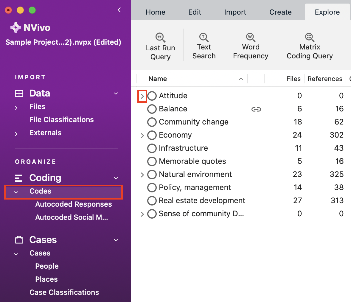 In the left menu, under Codes, a red box around the Codes folder. In the Codes folder, a red box around the expand button for Attitude.