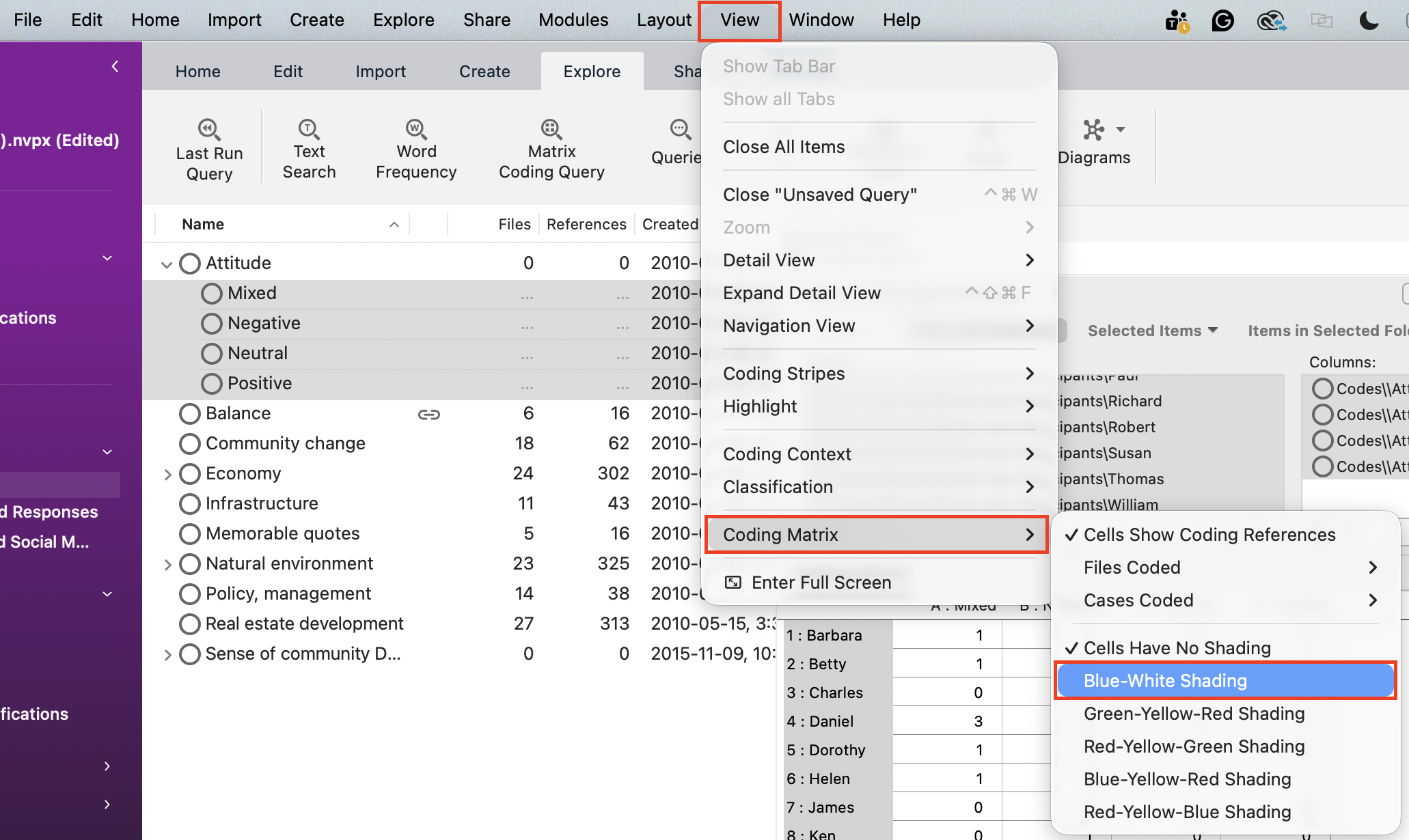 View menu highlighted. Coding Matrix Highlighted with drop-down menu open and Blue-White Shading highlighted.