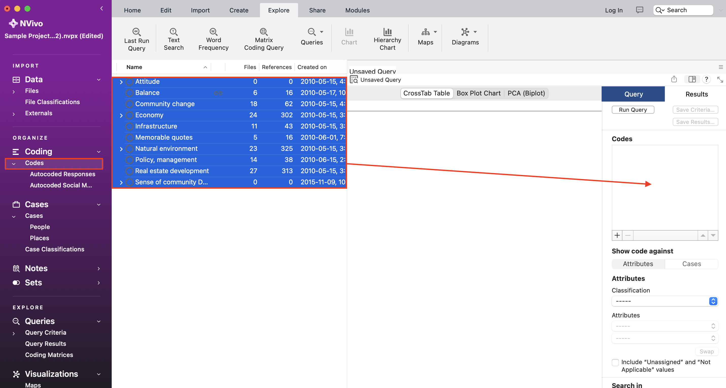 In the left menu, under Codes, a red box around the Nodes folder. Under Codes, all codes are selected and outlined in red, with an arrow pointing to the codes field of the Crosstab Query window.