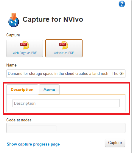 NCapture extension menu with the Description field highlighted. 