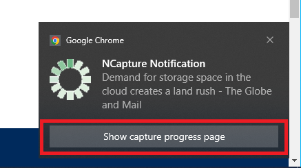 NCapture notification with "Show capture progress page" highlighted. 
