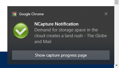 NCapture notification indicating NCapture success. 