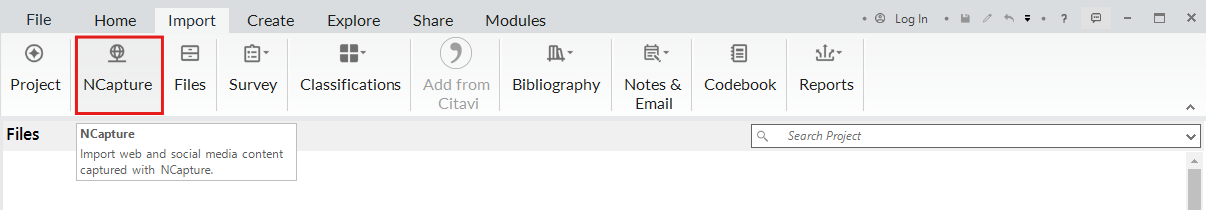 NVivo with the import ribbon open and the NCapture option highlighted. 