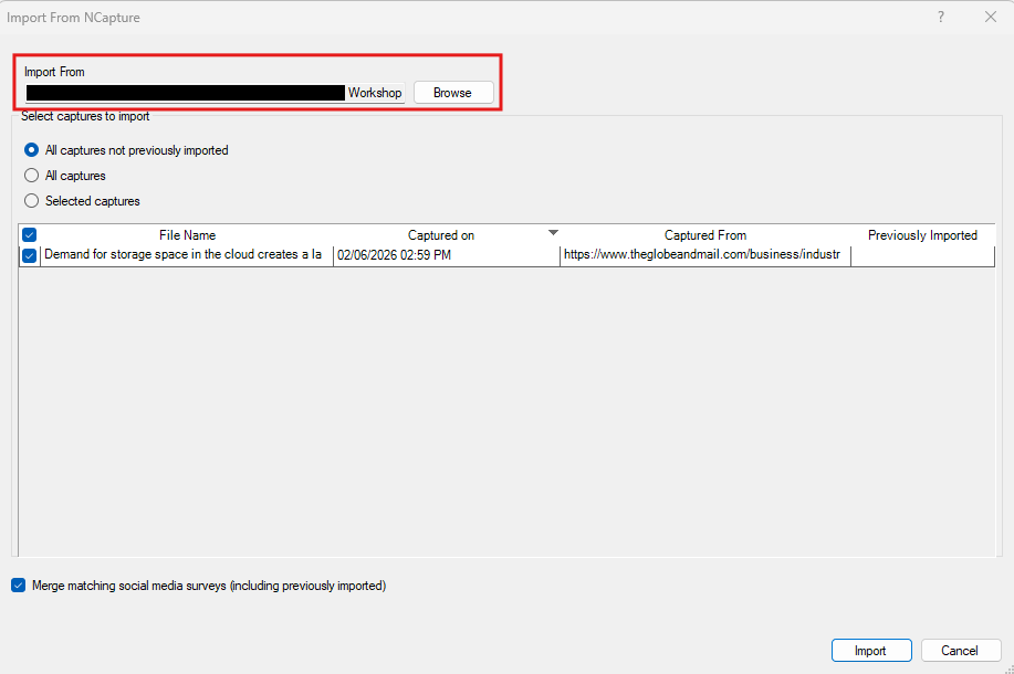 Import from NCapture wizard with Import From highlighted.