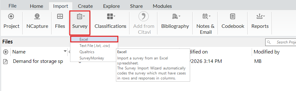 Under the import ribbon, survey is selected and Excel is selected. 