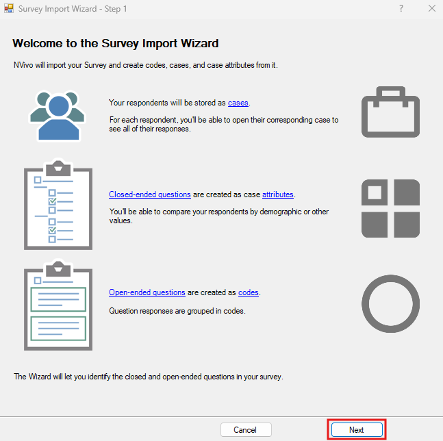 Survey Import Wizard Step 1 with Next highlighted. 