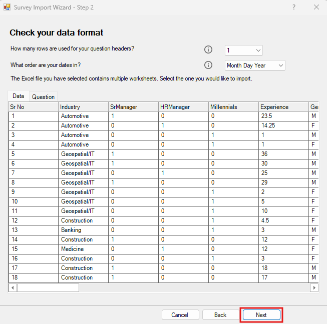 Survey Import Wizard Step 2 with Next highlighted. 
