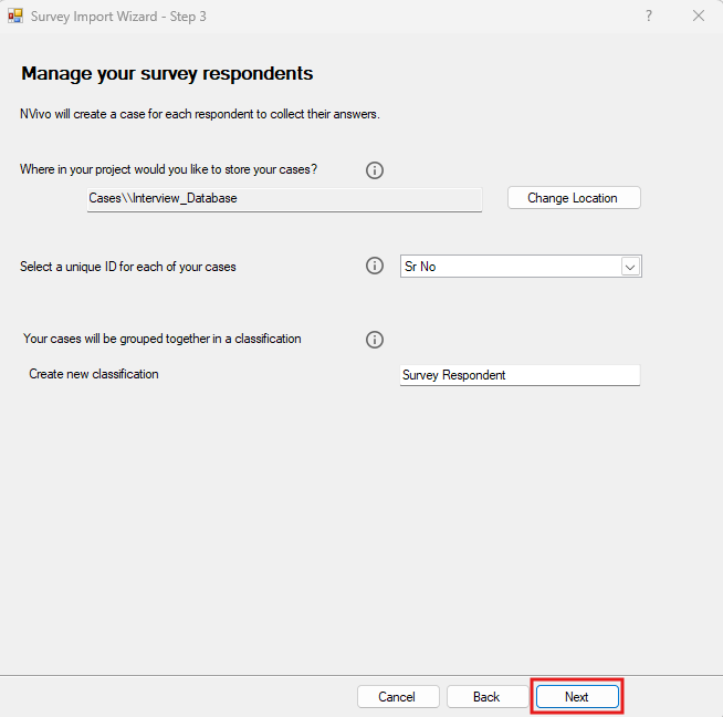 Survey Import Wizard Step 3 with Next highlighted. 