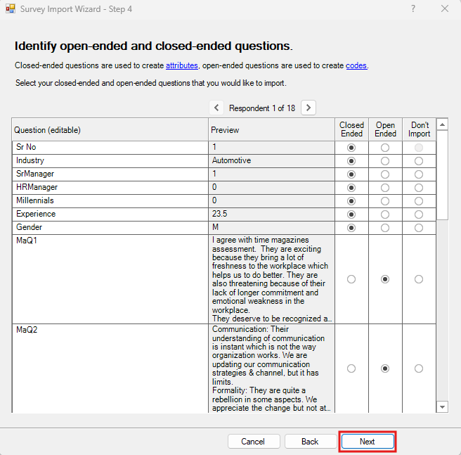 Survey Import Wizard Step 4 with Next highlighted. 