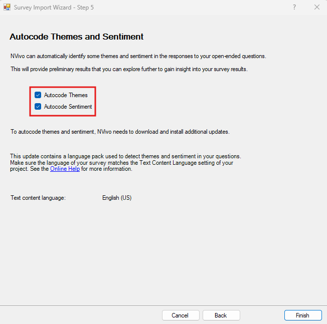 Survey Import Wizard Step 4 with Auto code Themes and Auto code Sentiment checked off and highlighted. 