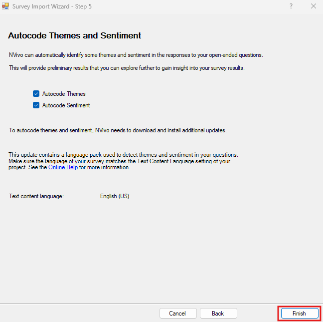 Survey Import Wizard Step 4 with Finish highlighted. 