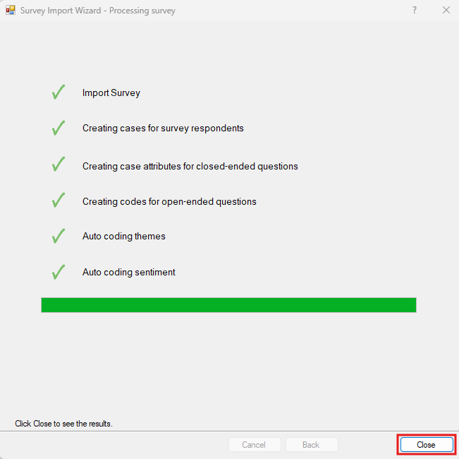 Survey Import Wizard processing window with close highlighted. 