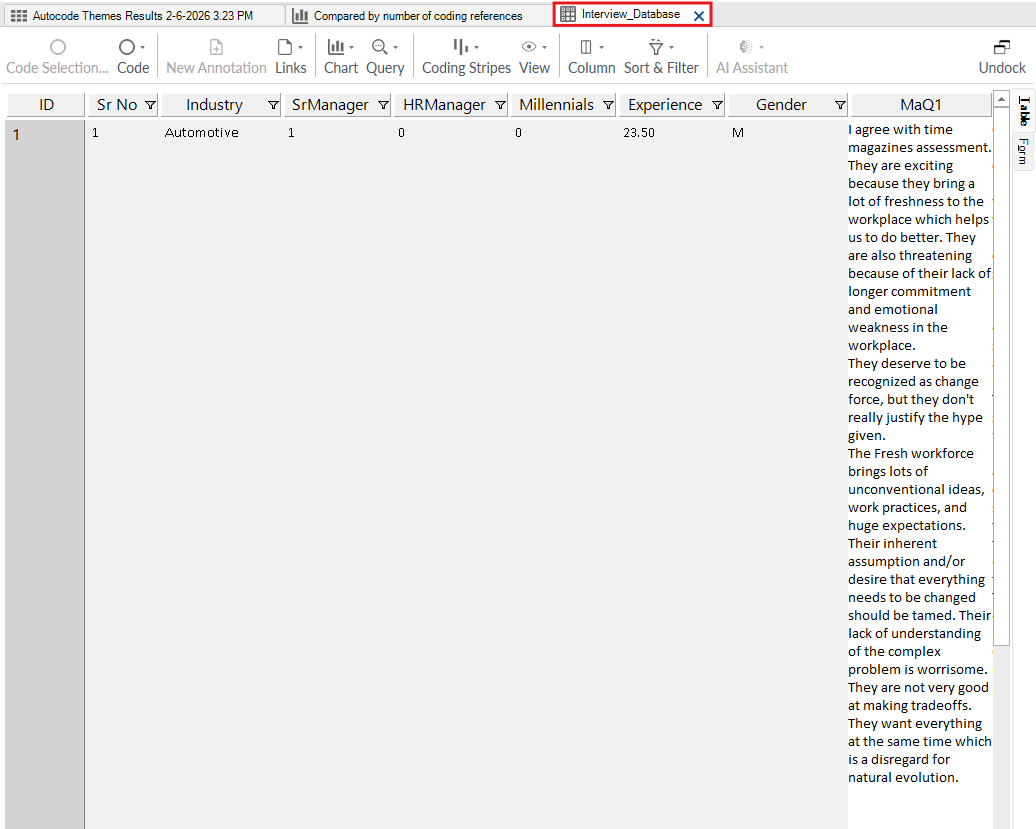 NVivo data tabs opened. The "Interview_Database" tab selected and highlighted.
