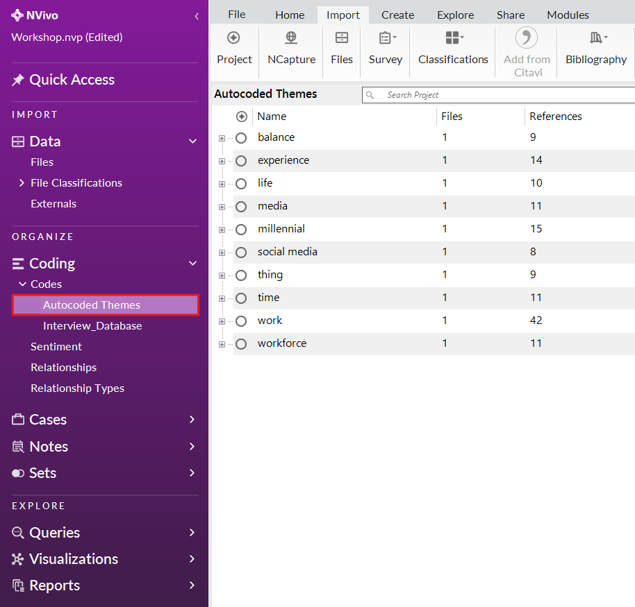 In the left menu, under coding, Codes is expanded and autocoded Themes is selected and highlighted.
