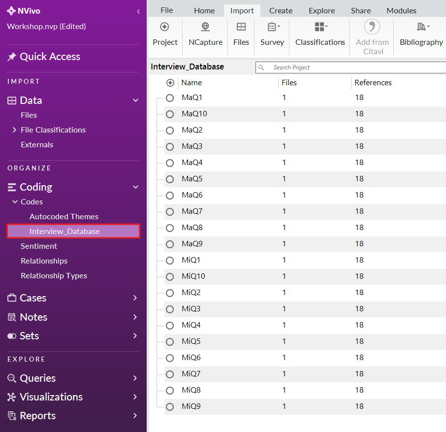 In the left menu, under coding, Codes is expanded and Interview_Database is selected and highlighted.