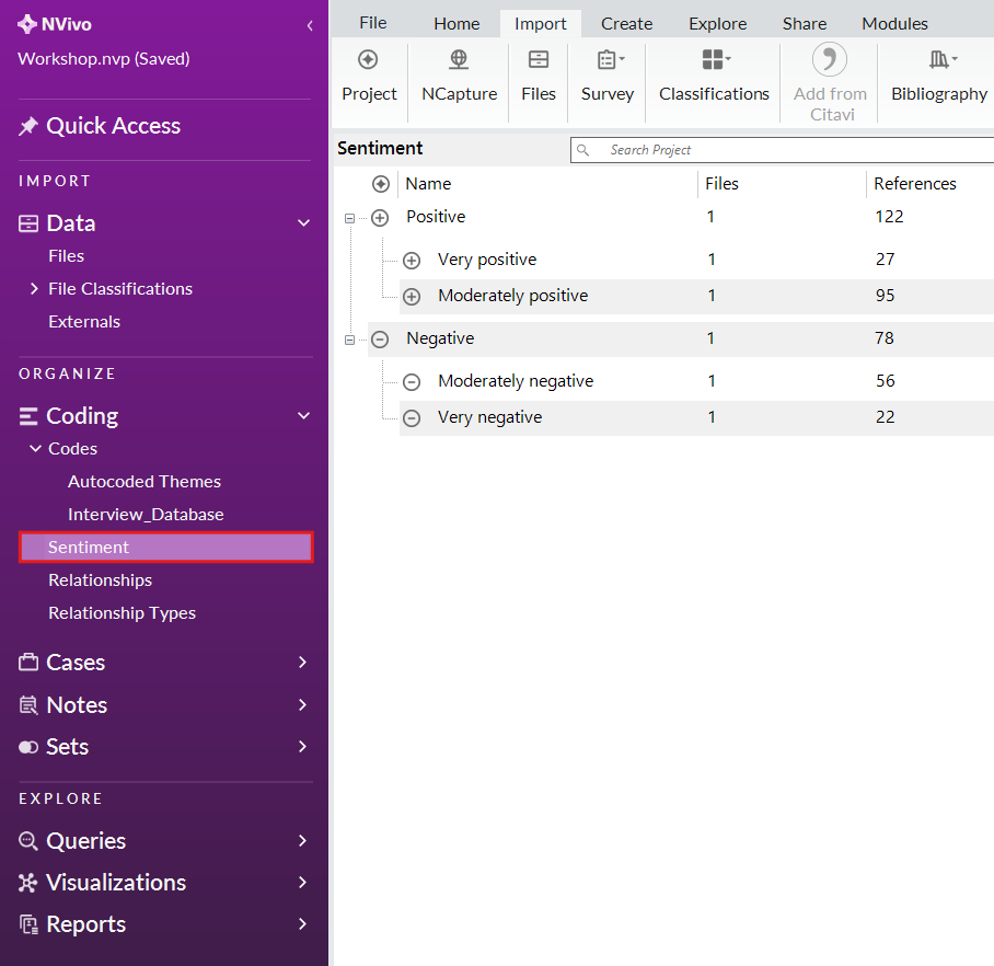 In the left menu, under coding, sentiment is selected and highlighted.