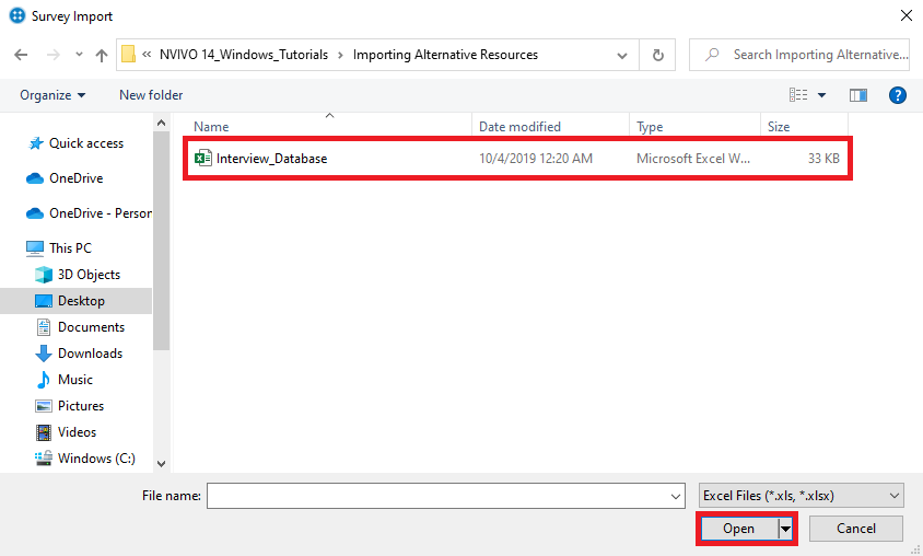 Survey Import file browser with the file "Interview_Database.xlsx" selected and the "Open" button highlighted. 