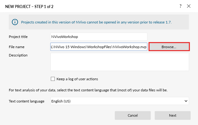 Project save window. File Browse outlined.