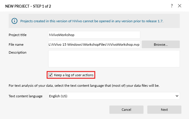 Project save window. Box checked for keep a log of user actions..