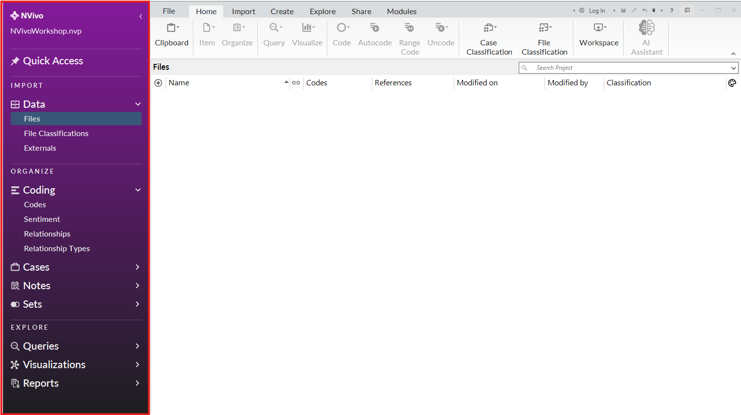NVivo main window, red box around left menu.