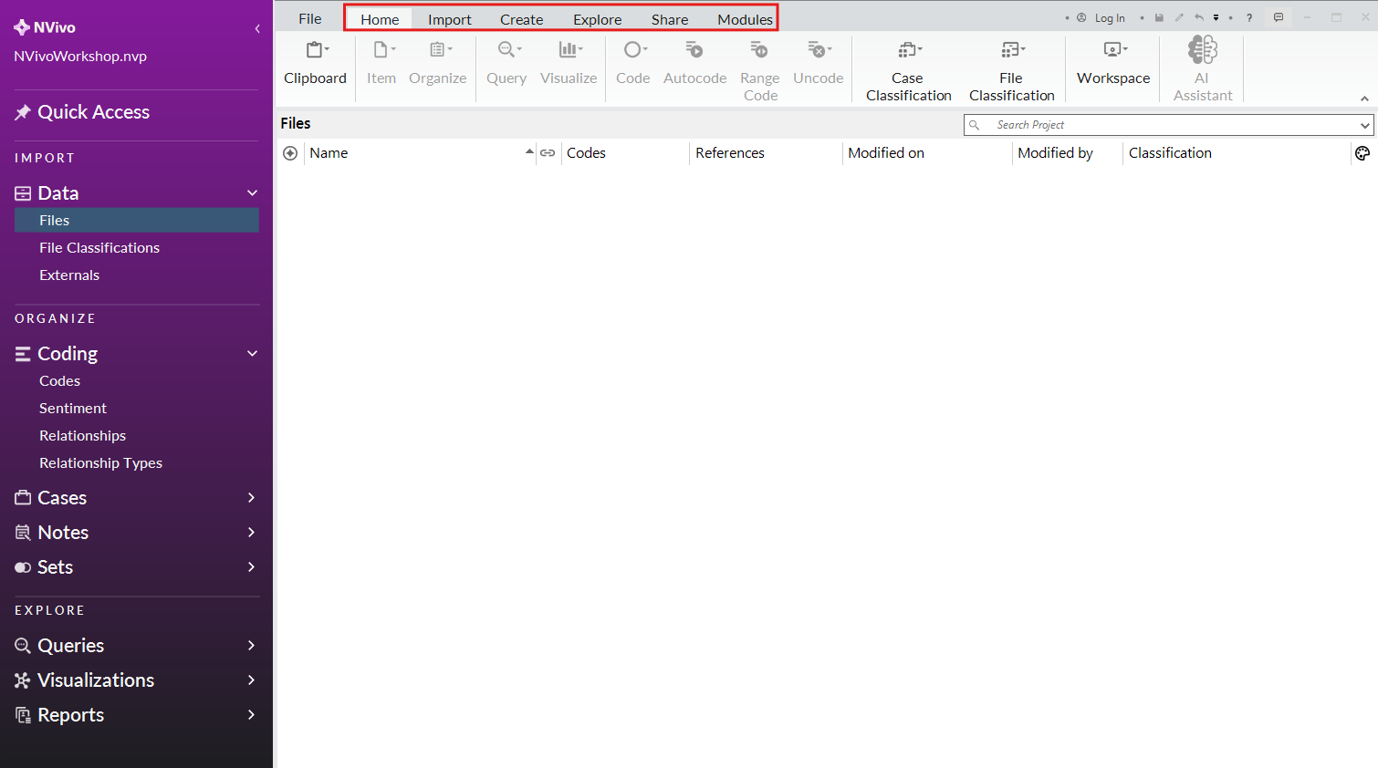 NVivo main window, red box around top ribbon menus.