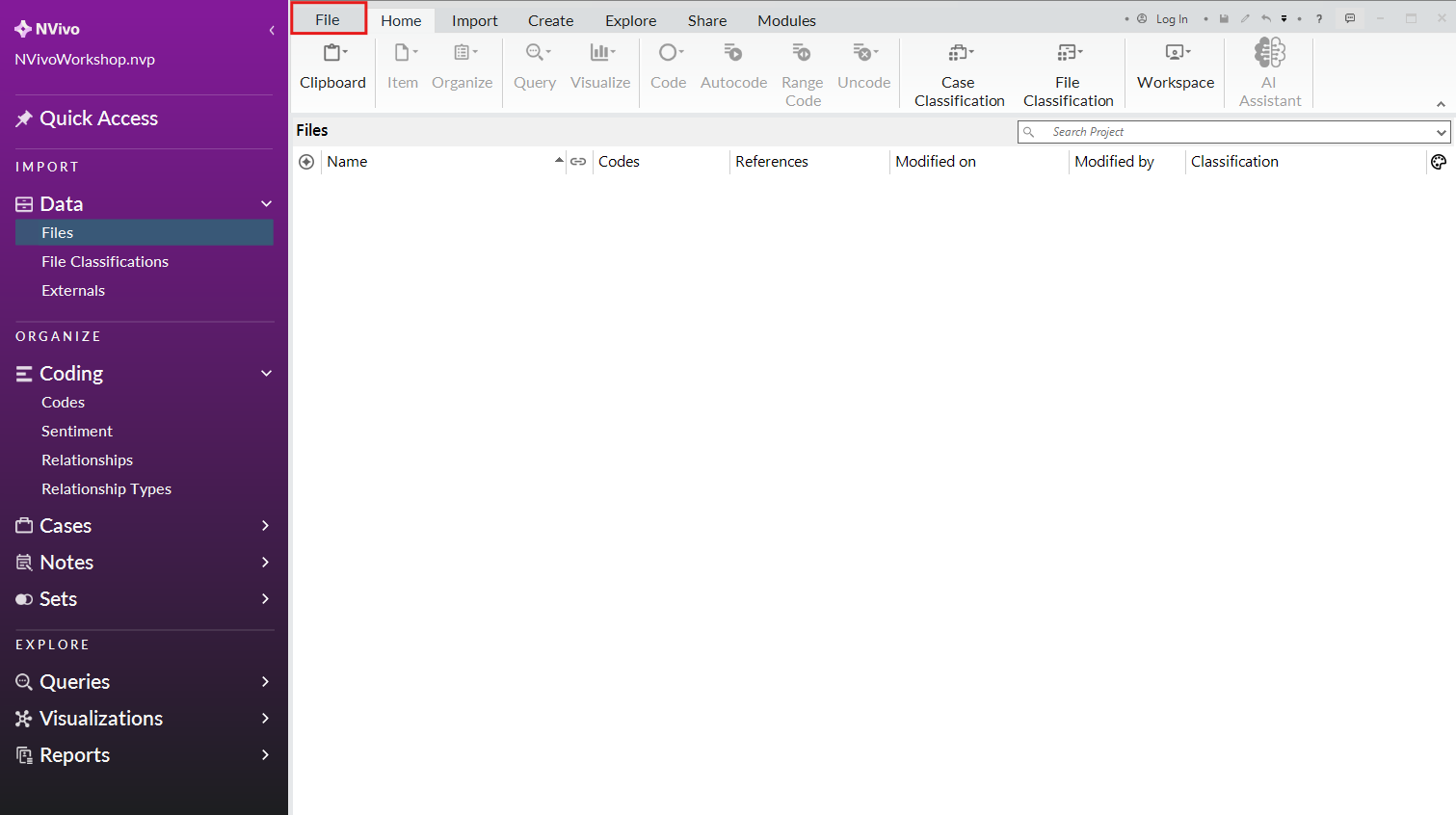 Red box around the file menu in the top ribbon.