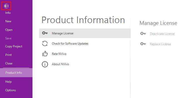 Back arrow at the top of the file menu screen outlined.