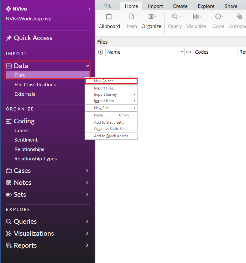 Left menu with the Data folder expanded and right click menu outlined.
