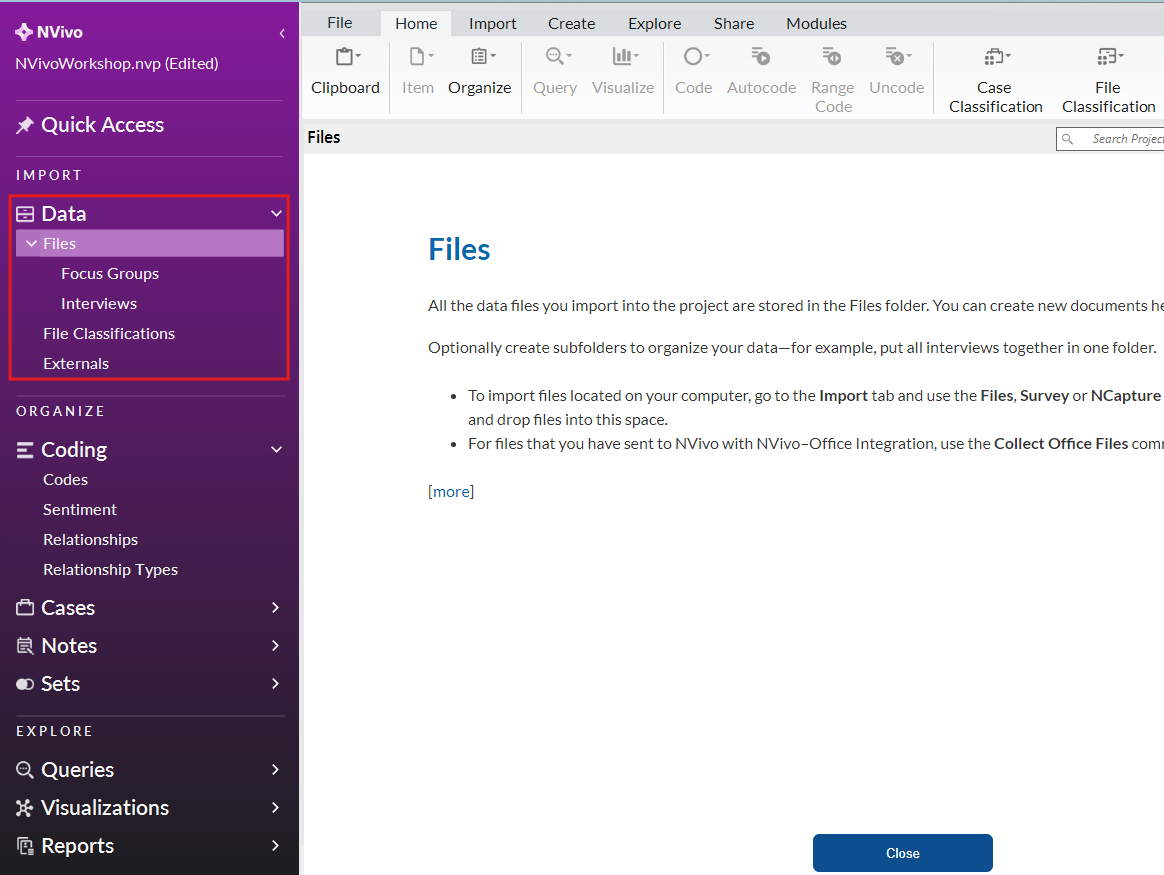Left Menu with a red box outlining the expanded data folder. Within it Files is also expanded, with folders Focus Groups and Interviews under it.